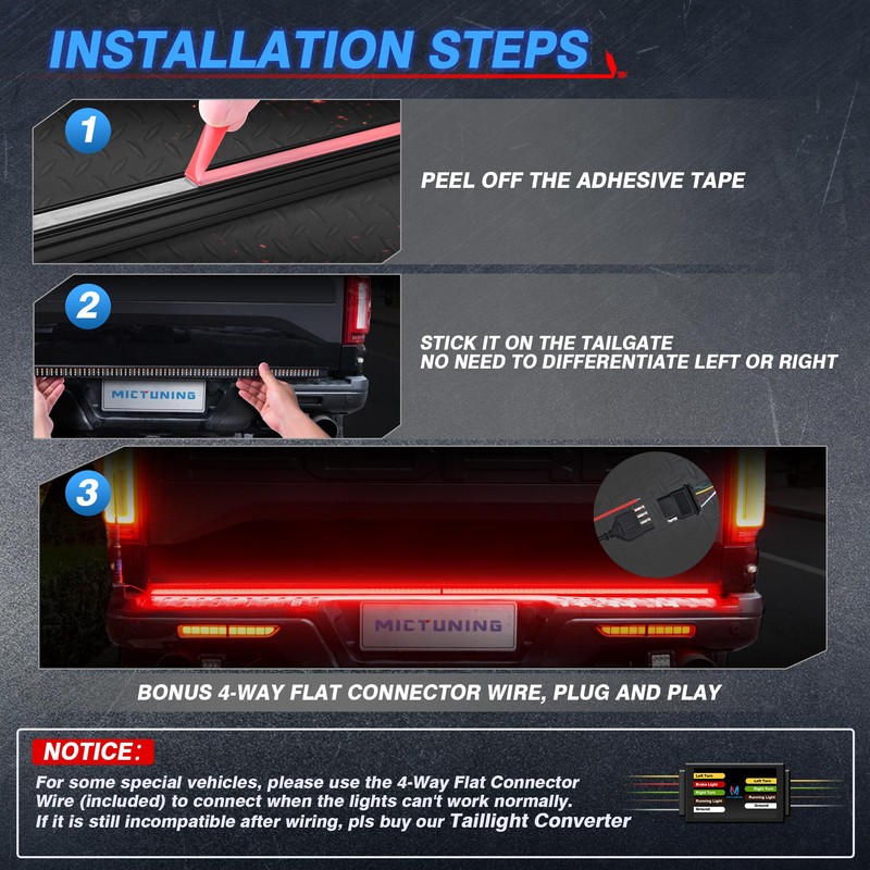 MICTUNING 60" Triple LED Tailgate Light Bar IP68 Waterproof Plug-and-Play