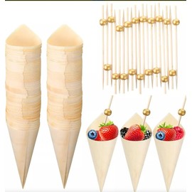 Juego de 100 tazas de charcutería de helado conos con palos, Mini conos de helado, comida para los dedos, refrigerio, fiesta de bodas(100 tazas +100 púas de cóctel) (Beige)