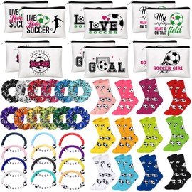 Baderke 48 Pcs Soccer Team Gifts 12 Pcs Make up Bags 12 Novelty Ball Socks 12 Scrunchie Hair Ties 12 Soccer Bracelet Accessories Gifts for Birthday Sport Party Favor