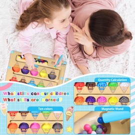 Educational Toys Magnetic Beads Ice Cream Colorful Magnet Montessori Hand Eye Coordination Killing Time Baby Boy Girl Fingertip Training Magnet Toys Number and Color Matching 3 4 5 6 Year Old Birthday
