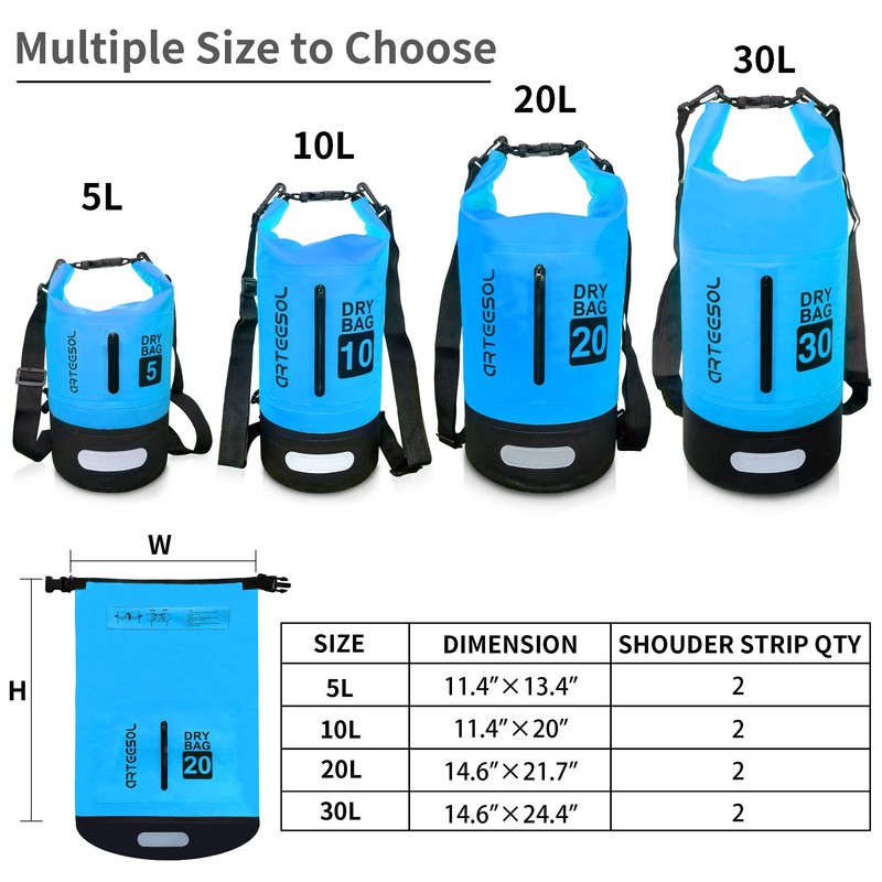 Arteesol Dry Bag, Waterproof Bag, 5L/10L/20L/30L, Pack Sack with Long