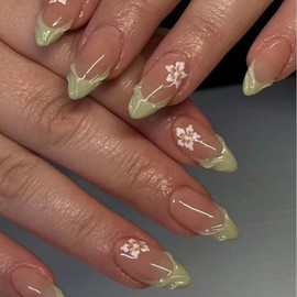 Green Press on Nails Medium Almond Shaped Fake Nails with White Flower Design Nude Full Cover Stick on Nail 3D Wave Natural False Nail Artificial Acrylic Summer Glue on Nails for Women Manicure 24Pcs