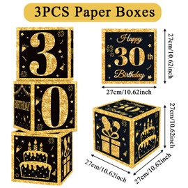 30th Birthday Decorations Boxes For Men Women - 3pcs Black Gold Happy 30th Balloons Boxes, 30 Year Old Party Supplies Birthday Table Decorations For Men Women