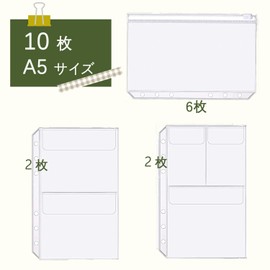 LOORIPRO A5 Personal Organizer Refill, Clear Pocket, Set of 10, Zipper Pockets, Business Card Holder with Lid, Translucent 3 Types, 6 Holes