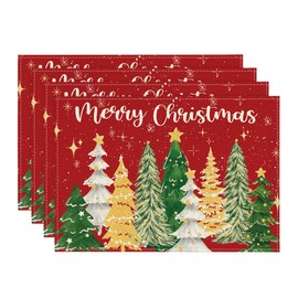 Artoid Mode Red Trees Snowflakes Merry Christmas Place Mats Set of 4 30 x 45 cm Winter Place Mats Washable Place Mats Kitchen Party Decoration