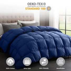 DAICO Goose Feather Down Comforter Queen Size, All Season Luxury Hotel Fluffy Duvet Insert, Ultra Soft 100% Cotton Shell with 8 Corner Tabs, Paisley Design (90x90'', Navy Blue)