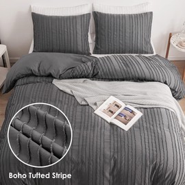 WARMDERN Gray Boho Duvet Cover Set Queen Size, Striped Textured Duvet Cover Tufted Bedding Set, 3 Pcs Ultra Soft Washed Microfiber Duvet Cover with Zipper Closure (Queen, Gray)