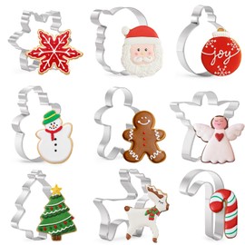 KAISHANE Christmas Cookie Cutters Set, 9 Piece Holiday Cookie Cutters Shape - Gingerbread Man, Christmas Tree, Snowflake, Santa, Angel, Candy Canes, Snowmen, Elk for Christmas Party Winter Baking