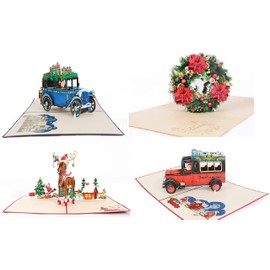 ETA Set of 4 Christmas Pop Up Cards, 3D Santa Claus, Reindeer, and Christmas Wreath Pop Up Card, Fun X'mas Card, 3d X'mas Greetings Cards, Merry Christmas Card, Set 4(VHSet4)
