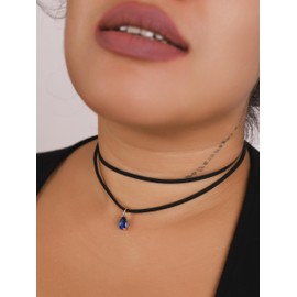 Sacina Layered Black Choker Necklace, Blue Glass Teardrop Chocker, Gothic Goth Boho Necklace, Christmas Jewelry Gift For Women