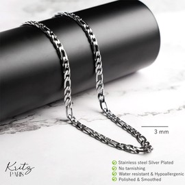 Kritz Figaro Necklace 3 mm Wide for Men and Women Length 40/55 cm - Figaro Chain Silver for Men and Women - Jewellery Gifts, Silver