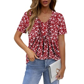 onlypuff Womens Short Sleeve Tops Pleated Button Down Blouse Dressy Flowy V Neck Henley T-Shirts