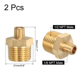 sourcing map 2pcs Hex Nipple Brass Pipe Fitting, 1/8 NPT Male x 1/2 NPT Male Threaded Pipe Adapter Pipe Connector with PTFE Tape, Gold Tone