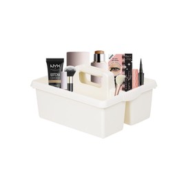2 Compartment Makeup Organiser With Smooth Plastic Centre Handle Grip For Bathroom Storage with 5 Litre Capacity- Soft Cream