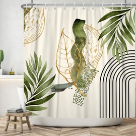 ASDCXZ Boho Leaves Shower Curtain 180 x 200 cm, Modern Abstract Art Boho Style Gold Green Leaves Line Bathroom Washable Shower Curtains Polyester Textile Waterproof Bath Curtain for Bathtub with 12