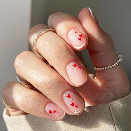 Valentines Heart Fake Nails Short French Tip Press on Nails Petite Oval Acrylic False Nails White Tip Designs Full Cover Nails Love Heart Stick on Nails for Women Valentines Glue Press on Nails 24Pcs