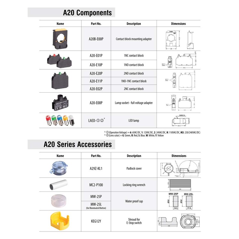 A20B-M2E01B, 22mm Momentary pushbutton Switch, Extended Head, 1NC 10A 110V,