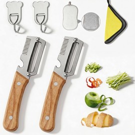 3-in-1 Vegetable Peeler for Kitchen: 2 Pack Wooden Handle Stainless Steel Scallion Shredder with Bottle Opener & Grater, Ergonomic Non-Slip Peeling Tool
