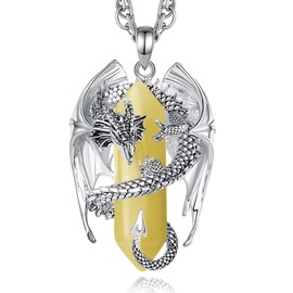 INFUSEU Crystal Dragon Necklace, Nordic Dragon Wrapped Cylinder Gemstone, Crystal Pendant, Hexagonal Healing Crystal Pendant, Gothic Natural Crystal Jewellery, Gift for Men and Women