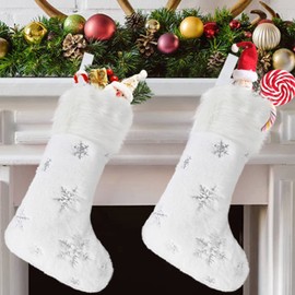 CCINEE Christmas Stockings,16" Large White Faux Fur Xmas Stockings with Silver Snowflake for Christmas Fireplace Tree Home Decoration