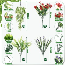 Thiccywoov 26 Pcs Outdoor Plastic Plants Bulks Artificial Faux Flowers UV Resistant Lavender Artificial Flowers Boston Fern Outdoors Hanging Plants Fern Vine for Indoor Home Patio Decor (Sunset Red)
