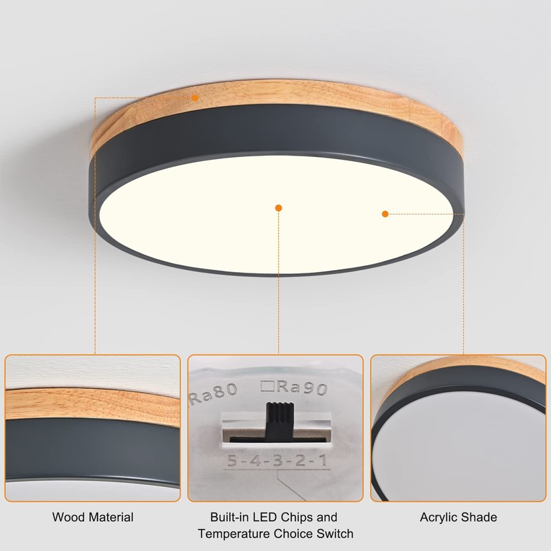 Yiisem Dimmable Wood LED Flush Mount Ceiling Light, 5CCT 2700K-6000K