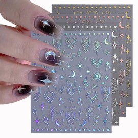 12 Sheets Gold Nail Stickers Star Nail Art Stickers Moon 3D Self Adhesive Nail Decals Silver Rose Gold Black Nail Art Decals Holographic Nail Design for Women Girls Accessories DIY Manicure