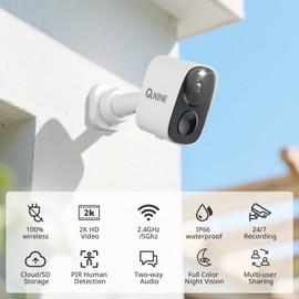 QNINE Wireless Outdoor Security Camera, 2K Battery Powered 5GHz WiFi, 2-Way Audio, PIR Motion Detection, Color Night Vision, IP66 Waterproof, TF/Cloud Storage (up to 256G), Alexa Compatible
