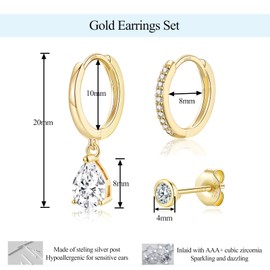 Gold Hoop Earrings for Women, 3 Pairs 925 Sterling Silver Stud & Hoop Earrings & Drop Earrings Set, Hypoallergenic Huggie Hoop Earrings Cubic Zirconia Small Cartilage Sleeper Earrings