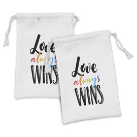 Ambesonne Pride Fabric Pouch Set of 2, Love Always Wins Romantic Saying Slogan with Rainbow Colored and Hand Drawn Letters, Small Drawstring Bag for Toiletries Masks and Favors, 9" x 6", Multicolor