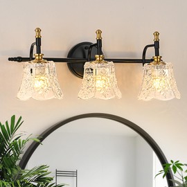 YUNICE Vintage Vanity Light Black and Gold Bathroom Vanity Light Fixtures Antique Vanity Light Fixtures Over Mirror 3-Light Wall Sconce, Brushed Gold with White Glass Flower Shade