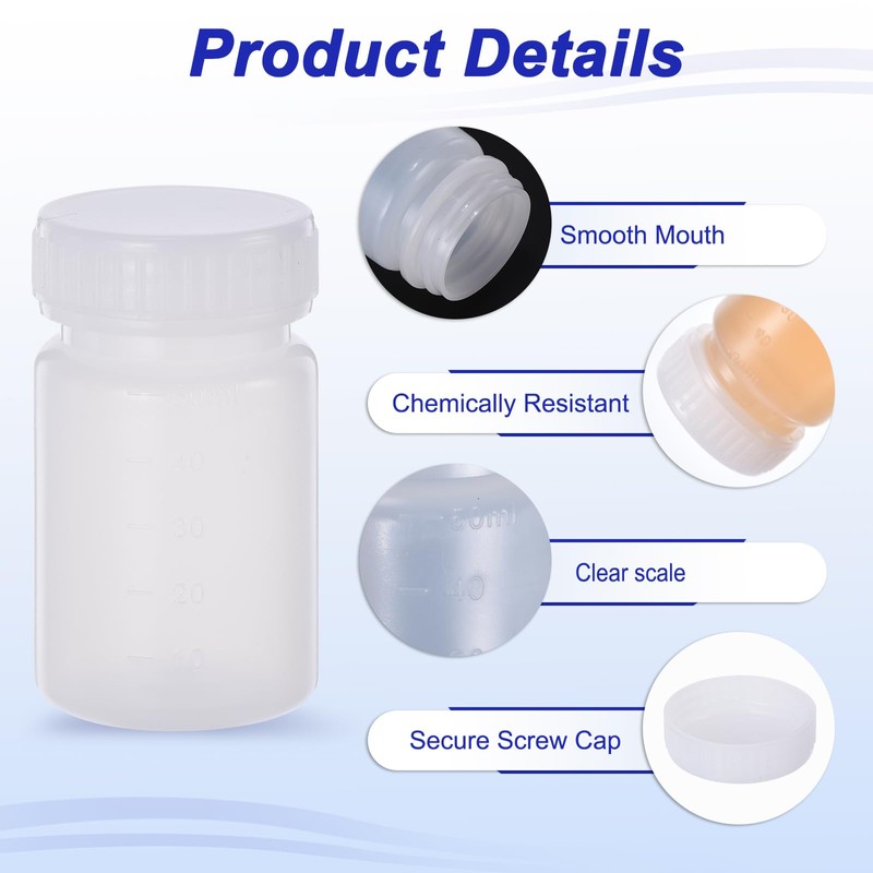 PATIKIL 5 Pcs 50ml Reagent Bottles, PE Wide Mouth Round
