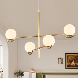 CATINER 4 Lights Modern Gold Sputnik Chandelier, L31 '' Large Mid Century Long Ceiling Pendant Light Fixtures with Milk Glass Globe Shades for High Ceiling Living Room Foyer Dining Room Bedroom