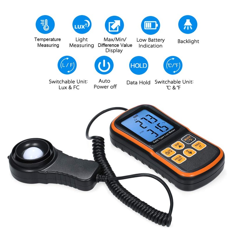 Digital Light Luxmeter Spectrometer Photometer 0~200000 Lux Split Type LCD