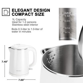 Secura Stainless Steel Double Wall Electric Kettle Water Heater for Tea Coffee w/Auto Shut-Off and Boil-Dry Protection, 1.0L (White) SWK-1001DW/HB-K012