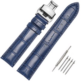 Moran Quick Release Leather Watch Bands Deployment Butterfly Buckle Calfskin Replacement Watch Strap for Men & Women, Blue-Silver Buckle, 18mm-XXL