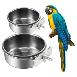 2 cuencos de acero inoxidable para alimentación de pájaros, taza de alimentación de pájaros pequeños, jaula de acero inoxidable para loro con soporte, comedero de agua para jaula de loro, soporte para