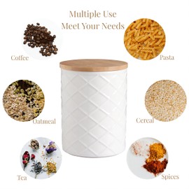 Sweejar Ceramic Canisters Sets for Kitchen Countertop, Relief Food Storage Jar with Bamboo Lid, Stackable Container for Flour, Coffee, Pasta, Cereal, Tea, Cookies, Sugar, Spices, Pack of 4 (White)