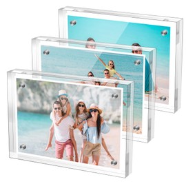 M-sorflly 5×7 Inches Acrylic Picture Frame (3 Pack)，Clear Magnetic Picture Frame for Wedding，Double Sided Frameless Photo Frame for Desktop Free Standing， Display Stand Picture Frame