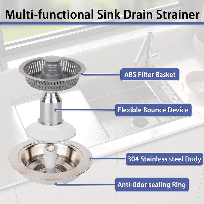 3 In 1 Kitchen Sink Strainer, Upgraded Kitchen Sink Plugs,
