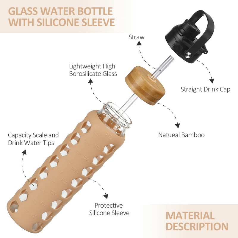 MUKOKO 32oz Glass Water Bottles with 2 Lids-Handle Spout Lid&Bamboo