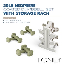Tone Fitness 20 LB Neoprene Dumbbell Set with Storage Rack – Non-Slip, Anti-Roll Hand Weights for Home Gym Workouts - Green