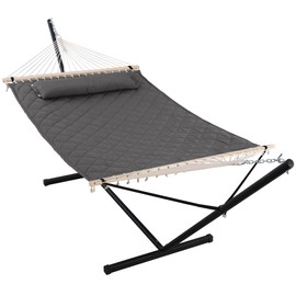 ANOW Double Hammock with 12FT Heavy Duty Steel Stand Included, 2 Person Hammock with Stand for Outdoors, 450 LBS Weight Capacity, Gray