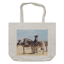 Ambesonne Wildlife Shopping Bag, Picture of 3 Zebras in Namibia National Park Africa Savannah Theme, Eco-Friendly Reusable Bag for Groceries Beach and More, 15.5" X 14.5", Cream