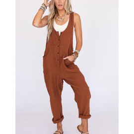 Yeokou Womens Overalls Linen Cotton Jumpsuits Loose Casual Jumpers with Pockets(Rust-L)