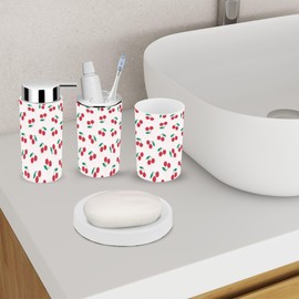 Bathroom Accessory Set 6 Piece red Cherry Pattern Cherry Pattern Toothbrush Holder, Toothbrush Cup, Soap Dispenser, Soap Dish, Toilet Brush Holder, Trash can for Countertop Rustic Decor