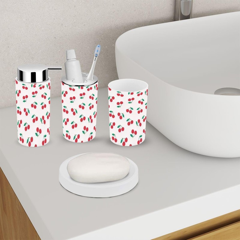 Bathroom Accessory Set 6 Piece red Cherry Pattern Cherry Pattern