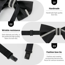 CHEIVEMENG Mens Black Rhinestone Bow Tie Matte Satin Silk Adjustable Solid Pre-tied Tuxedo Bow Ties for Men with Gift Box