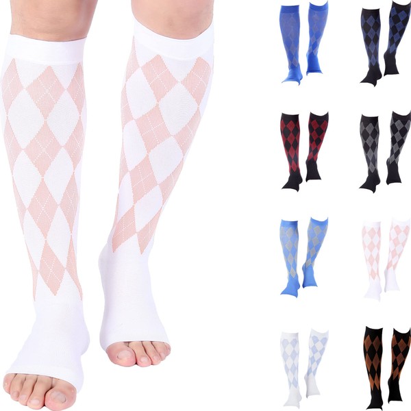 Doc Miller Open Toe Compression Socks Women 20-30mmHg, Toeless Socks for Women and Men - Recovery from Fatigue Shin Splints Edema and Varicose Veins, 1 Pair Small - White and Orange Argyle Design