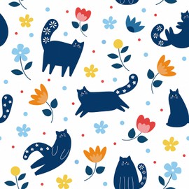 Mangoloo Blue Cats Floral Peel and Stick Wallpaper Cute Cat Wall Paper for Nursery Bedroom Self Adhesive Removable White Contact Paper for Cabinets Countertops Flower Stick on Wallpaper 17.5"x102"